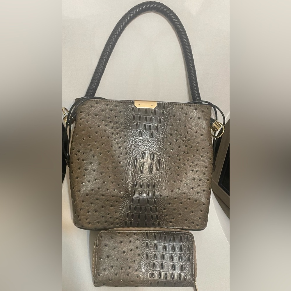 Katie Zip Top Crossbody Bag in a greyish-brown ostrich and crocodile wallet set